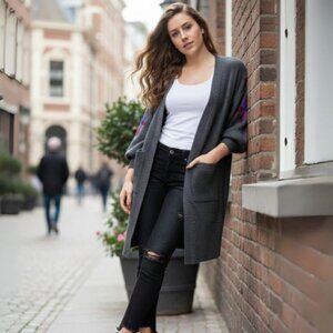 Embroidered Flower Long Cardigan Sweater Knitted Thick Warm Cable Knitted